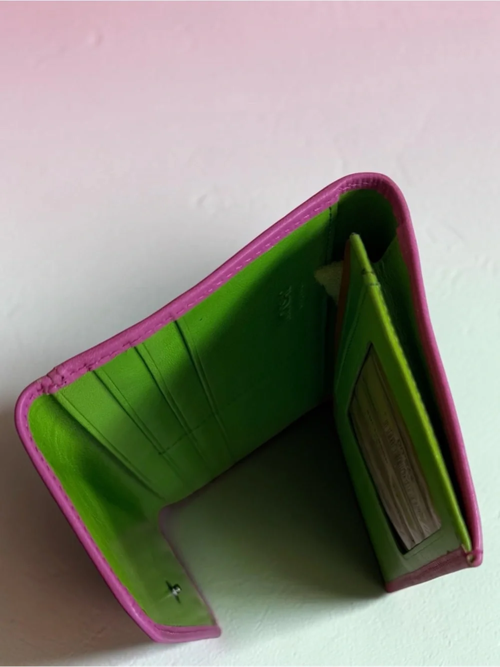 Vintage Monsac Hot Pink Lime Green Leather Tri Fold Wallet Colorblock Y2K Retro